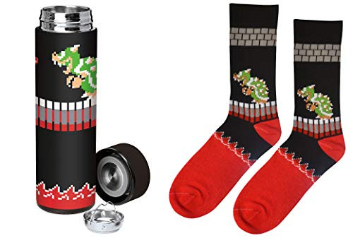 Retail Sales Solutions LLC Dungeon Super Mario Bros Classic King Koopa (Bowser) 2 Piece Socks and Stainless Steel Water Bottle Gift Bundle