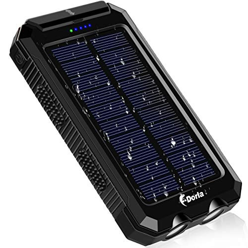 Solar Charger, F.Dorla 10000mAh Portable Solar Power Bank, Dual 5V USB Ports Output, Waterproof, Camping External Backup Battery Pack, 2 Led Light Flashlight with Compass for iOS Android (Black)