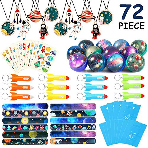 Lorfancy Outer Space Party Favors Supplies Space Toys, Slap Bracelets Tattoo Stickers Bouncy Ball Helicopter Keychains Space Pendant Gift Bag Accessories Galaxy Alien Birthday Party for Kids