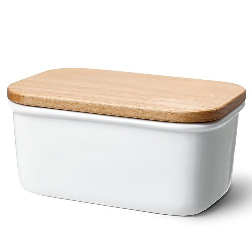 Sweese 3157 Large Butter Dish - Porcelain Keeper with Beech Wooden Lid, Perfect for 2 Sticks of Butter, White
