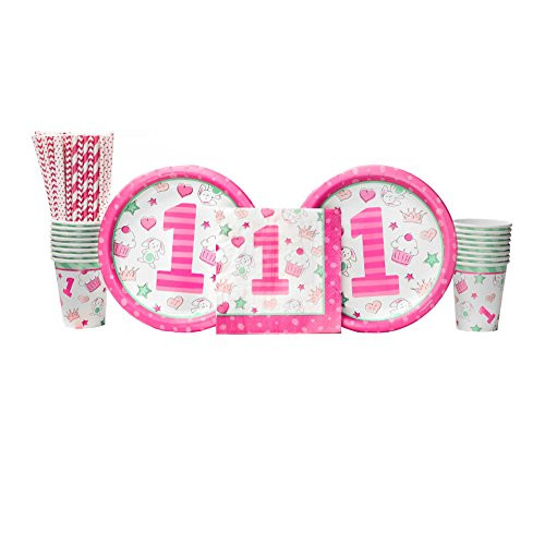 Doodle 1st Birthday Girl Party Supplies Pack for 16 Guests: Straws, Dinner Plates, Luncheon Napkins, and Cups