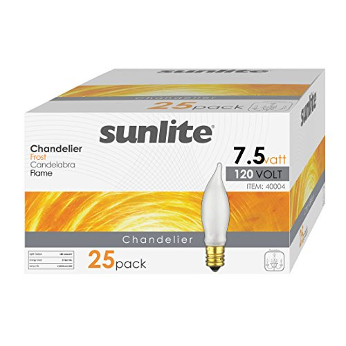 Sunlite 7CFF/25/25PK Flame Tip 7.5W Incandescent Petite Chandelier Light Bulb, Candelabra (E12) Base, Frosted Bulb (25 Pack)