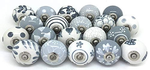Artncraft Knobs Grey & White Cream Rare Hand Painted Ceramic Knobs Cabinet Drawer Pull Pulls (20 Knobs)