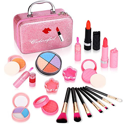 Auney 21Pcs Makeup for Girls Kids Makeup Kit Girl Real Pretend Play Makeup Toy for Toddler Washable Makeup Set for Girl Play Game Halloween Christmas Birthday Party