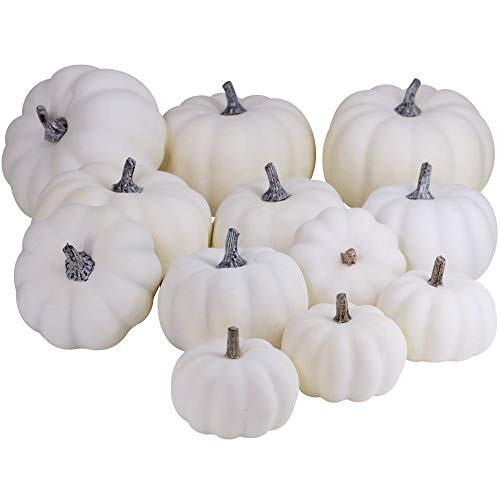 besttoyhome 12 PCS Assorted Sizes Rustic Harvest White Artificial Pumpkins for Halloween, Fall Thanksgiving Decorating Harvest Embellishing and Displaying