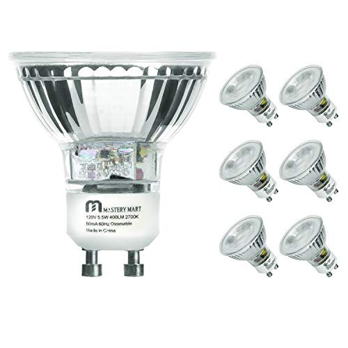 LED GU10 Spotlight Light Bulbs, 50 Watt Equivalent, 5.5W Dimmable, MR16 Full Glass Cover, 2700K Soft White, 25000 Hours, UL Listed, Energy Star Certified, by Mastery Mart (Pack of 6)