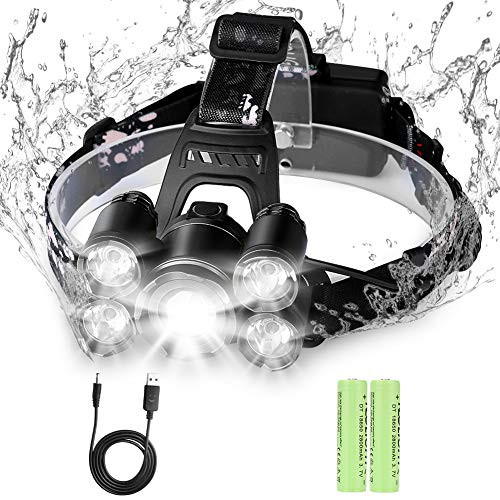Rechargeable Headlamp, 8000 Lumens 5 LED 4 Mode Ultra Bright Head Lamp USB Rechargeable Waterproof Head Lights with Zoomable Flashlight for Camping, Outdoors, Hiking