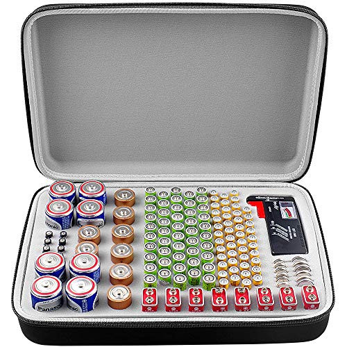 Battery Organizer Storage Box with Battery Tester (BT168), Case Bag Holder fits for 140 Batteries AA AAA AAAA 9V C D Lithium 3V(Not Includes Batteries)