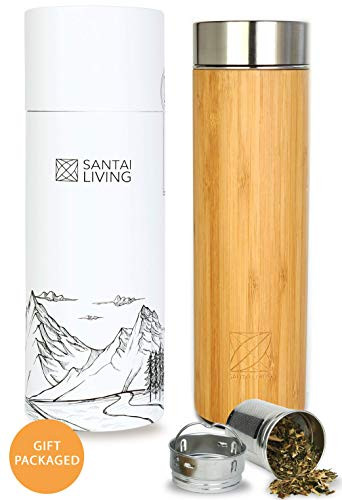 Bamboo Vacuum Insulated Bottle - Thermos with Tea Infuser & Strainer | BPA Free Stainless Steel Tumbler, Fruit Infuser | Double Walled Tumbler Water Bottle | Travel Mug