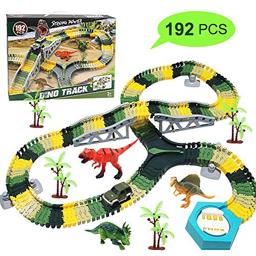 Dinosaur Toys Train Tracks Car Toy Set-192pcs Flexible Trains Tracks Playset Gifts Dinosaur Figures, Perfect Birthday Toys for 3 4 5 6 Year Old Boys and Girls Kids, with 3 Dinosaurs, 1 Race Cars