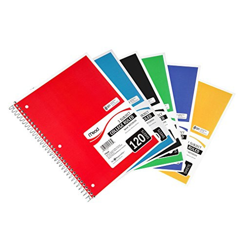 Mead Three-Subject College-Ruled Spiral Notebook, Color May Vary,6 Pack (05748)