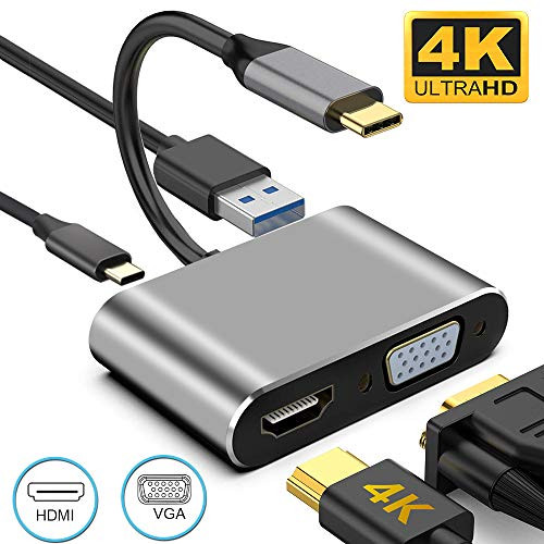 USB Type C to HDMI VGA Adapter 4K, WEILIANTE 4-in-1 USB-C to HDMI 4K @ 30Hz, VGA 1080P, USB 3.0 Port, 87W USB C PD Charge, USB C to VGA Adapter [Thunderbolt 3] for Mac/Nintendo Switch/HP/Dell More