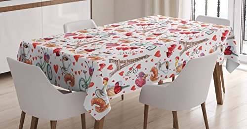 Ambesonne Romantic Tablecloth, Valentines Day Love Themed Paris Coffee Wine Parfumes Bikes with Heart Backdrop, Dining Room Kitchen Rectangular Table Cover, 60" X 84", Red Coral
