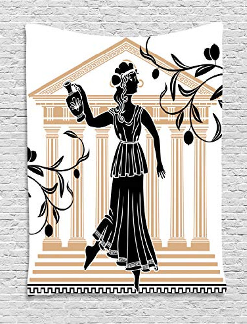 Ambesonne Retro Tapestry, Greek Woman with Amphora Building and Olive Branches Culture Folk Pattern, Wall Hanging for Bedroom Living Room Dorm, 60" X 80", Brown Black