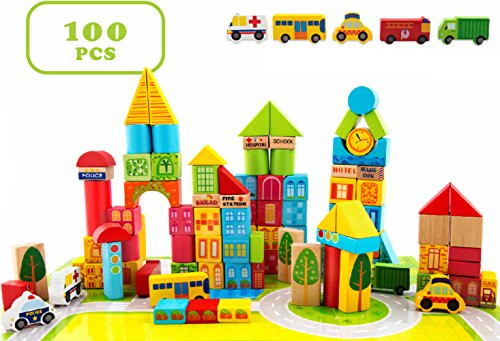 100 Piece City Transportation Building Blocks Colored Wooden Stacking Set Toy for Kids