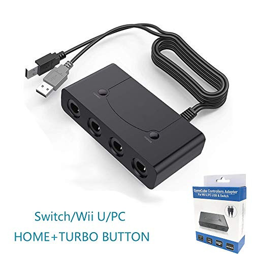 Gamecube Controller Adapter, BRIGHTSHOW Super Smash Bros Will U Gamecube Adapter with Turbo and Home Buttons NGC Controller for Switch/Wii U & PC USB with 4 Slots, No Driver Need (Turbo + Home)