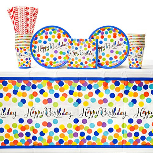 Confetti Bash Birthday Party Supplies Pack for 18 Guests: Straws, Dessert Plates, Beverage Napkins, Table Cover, and Cups