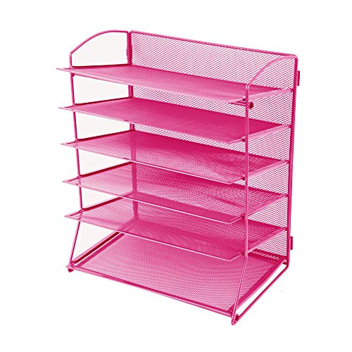 HGmart Mesh Desk Organizer 6 Trays Paper Holder Desktop File Letter Mail Document Sorter for Office or Home, Rose Red