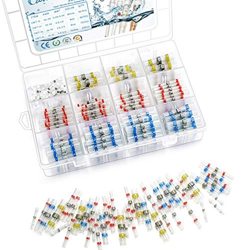 220PCS Heat Shrink Solder Connectors, Camtek Solder Seal Wire Connectors Solder Seal Butt Connectors Electrical Wire Terminals Insulated Waterproof Marine Automotive Copper Connectors Kit