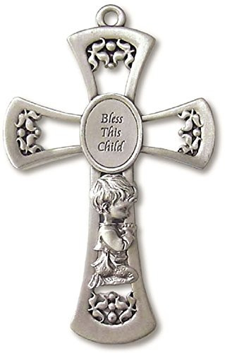 H. J. Sherman Bless This Child BOY Pewter Wall Cross for First Communion, Christening Baptism Shower
