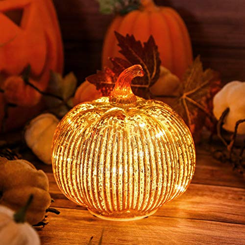 Hvfun Mercury Glass Light up Pumpkin with Timer- Fall Decoration for Home-Halloween Decorations (Gold)