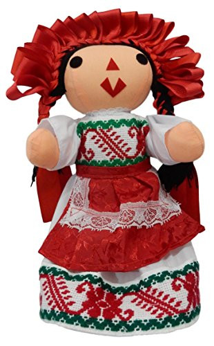Juanita Bartolo Typical Handmade Mexican Doll Maria, with Embroidery, Crown and Apron (Red)