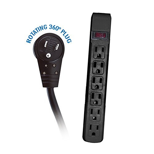 ACL 10 Feet Power Cable with 6 Outlets Surge Protector, Flat Rotating Plug, Horizontal Outlets, Black