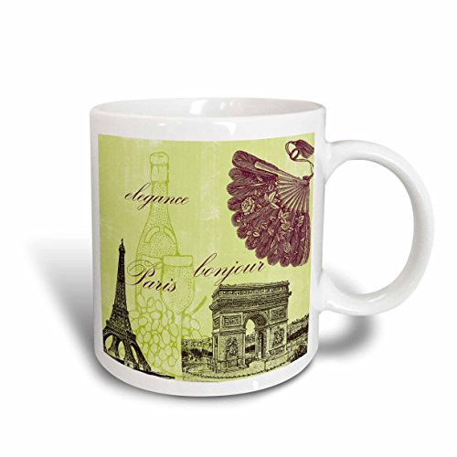 3dRose Paris Elegance Vintage Art Wine Eiffel Tower Ceramic Mug, 11-Ounce