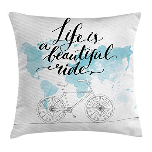Ambesonne Bicycle Throw Pillow Cushion Cover, Inspirational Cycling with World Map Reflection Motivational Sports Illustration, Decorative Square Accent Pillow Case, 20 X 20 Inches, Blue White