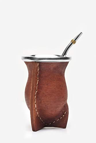 Balibetov [NEW] Leather Wrapped Handmade Yerba Mate Gourd (Mate cup) with Bombilla (Yerba Mate straw) (Brown)