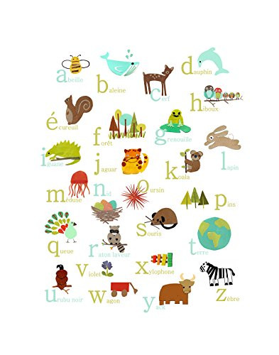 French Alphabet Nature Themed Wall Art Print, 11x14, Nursery Decor, Woodland Nursery, Forest Animals, Kid's Room, Animal ABC Poster, Baby Room