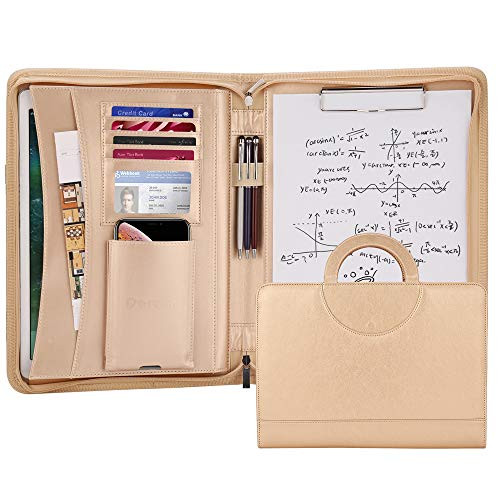 Darolin Zippered Leather Padfolio Portfolio Case with [Hidden Handle] and [Clipboard],Business Conference Portfolio Organizer Notepad Folder, Portfolio Bag, Portfolio Padfolio for Women/Men (Gold)