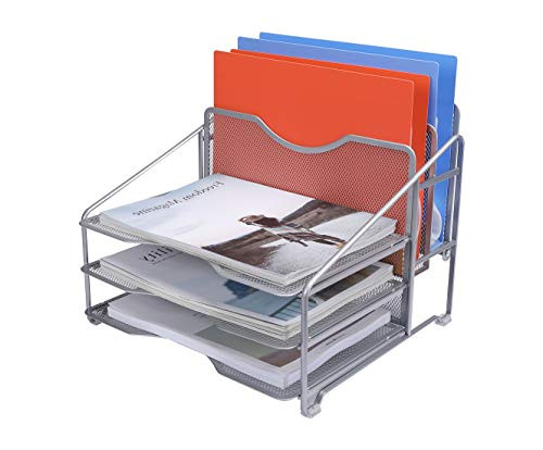 EasyPAG Mesh Desktop File Organizer with 3 Tier Desk Tray and 2 Vertical Document Holder,Silver