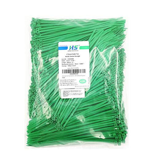 HS Green Zip Ties 8 Inch (Bulk-1000 Pack) Nylon Cable Ties 40 Lbs Self-Locking Wire Ties for Electronics Organizer