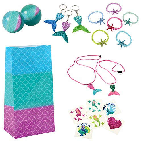 Mermaid Party Favor Toy Bundle 96 Pieces for 12 Bounce Balls Keychains Necklaces Bracelets Tattoos