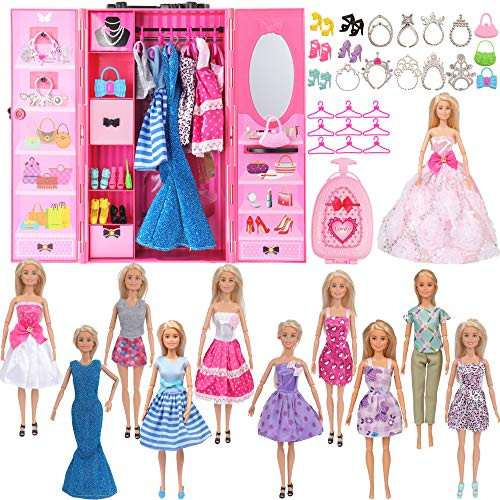 SOTOGO Doll Closet Wardrobe Set for Barbie Clothes Storage Including Clothes, Shoes, Bags, Necklace, Hangers, Trunk and Wardrobe for Barbie Dolls
