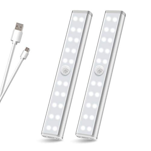 Motion Sensor Closet Lights, 20 LED Wireless Under Cabinet Lighting with USB Rechargeable Stick on Anywhere Magnetic Removable LED Night Light Bar for Cupboard Stairs Kitchen Hallway, 2 Pack 6000K