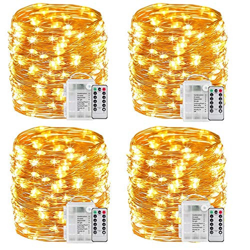 YITING 4 Pack 33Ft 100 LED Fairy Lights Battery Operated with Remote Control Timer 8 Modes Waterproof Copper Wire Twinkle String Lights, for Bedroom Wedding Chirstmas Decor(Warm White)