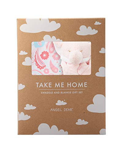 Angel Dear Swaddle and Blankie Gift Set, Elephant Paisley with Pink Elephant