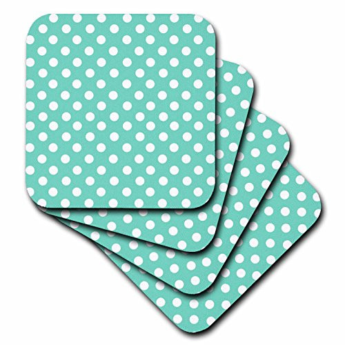 3dRose CST_56692_2 White Polka Dots on Aqua Teal Turquoise Blue Retro 1950s Dot Pattern Soft Coasters, Set of 8