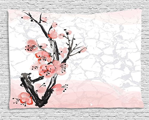Ambesonne Floral Tapestry by, Japanese Cherry Blossom Sakura Tree Branch Soft Pastel Watercolor Print, Wall Hanging for Bedroom Living Room Dorm, 80WX60L Inches, Coral Light Pink Grey