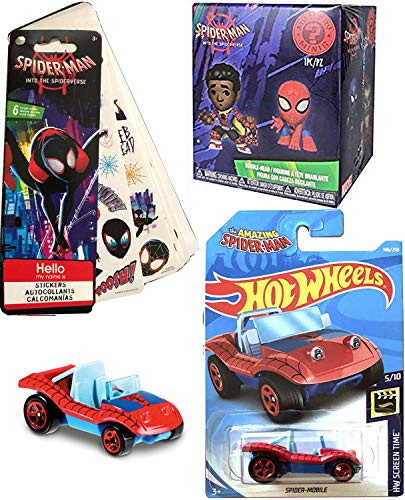 Funko Spider-Buggy Figure Pop Mini Mystery Spider-Verse Figure Bundle with + Hot Wheels Spider Mobile Amazing Spider-Man & Spider-Verse Stickers Super Hero 3-Items