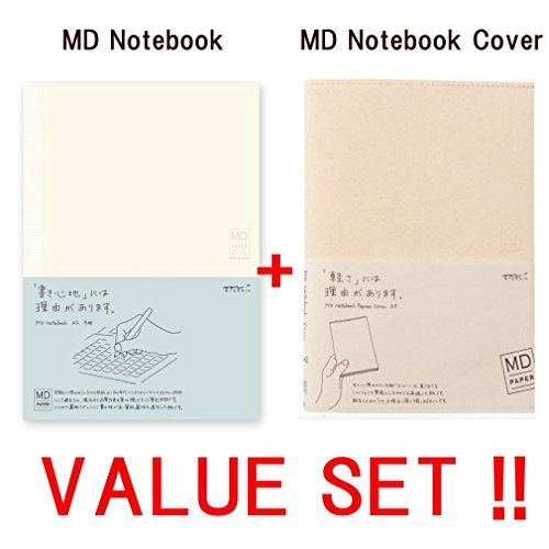 Midori MD Notebook - A5 Grid Paper (15003006 ) + MDnotebook jacket A5 -light and stout paper-(49841006) --VALUE SET !!