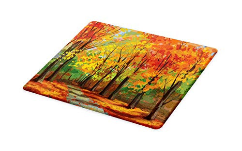 Ambesonne Rustic Cutting Board, North Woods Falling Leaves Fall Park Road Autumn Leaves Seasonal Colors Romantic, Decorative Tempered Glass Cutting and Serving Board, Large Size, Green Brown
