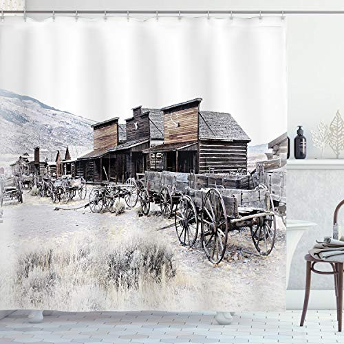 Ambesonne Western Shower Curtain, Old Wooden Wagons from 20's in Ghost Town Antique Wyoming Wheels Artwork Print, Cloth Fabric Bathroom Decor Set with Hooks, 84" Long Extra, Grey White