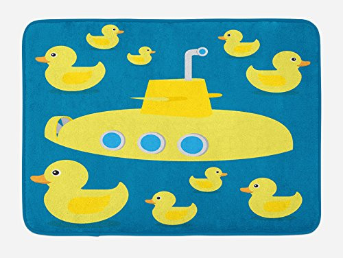 Ambesonne Rubber Duck Bath Mat, Duckies Swimming in The Sea with a Yellow Submarine Kids Party Nautical Print, Plush Bathroom Decor Mat with Non Slip Backing, 29.5" X 17.5", Yellow