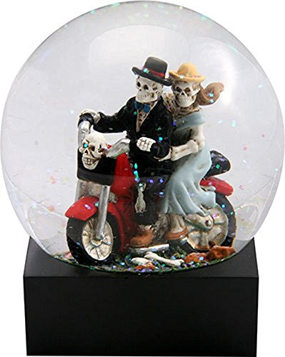 YTC Skull Lovers on Red Motorcycle in a Water Globe with Glitter
