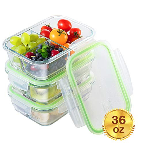 Glass Meal Prep Containers 3 Compartment with Lids[3-Pack, 36oz],Airtight Glass lunch Containers,Glass Food Storage Containers BPA-Free,Microwave, Oven, Freezer, Dishwasher Safe