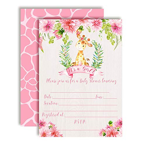 Watercolor Dahlia Floral Giraffe-Themed Baby Girl Sprinkle Shower Invitations, 20 5"x7" Fill in Cards with Twenty White Envelopes by AmandaCreation