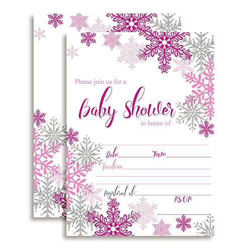 Pink and Silver Snowflake Girl Baby Shower Party Invitations, 20 5"x7" Fill in Cards with Twenty White Envelopes by AmandaCreation